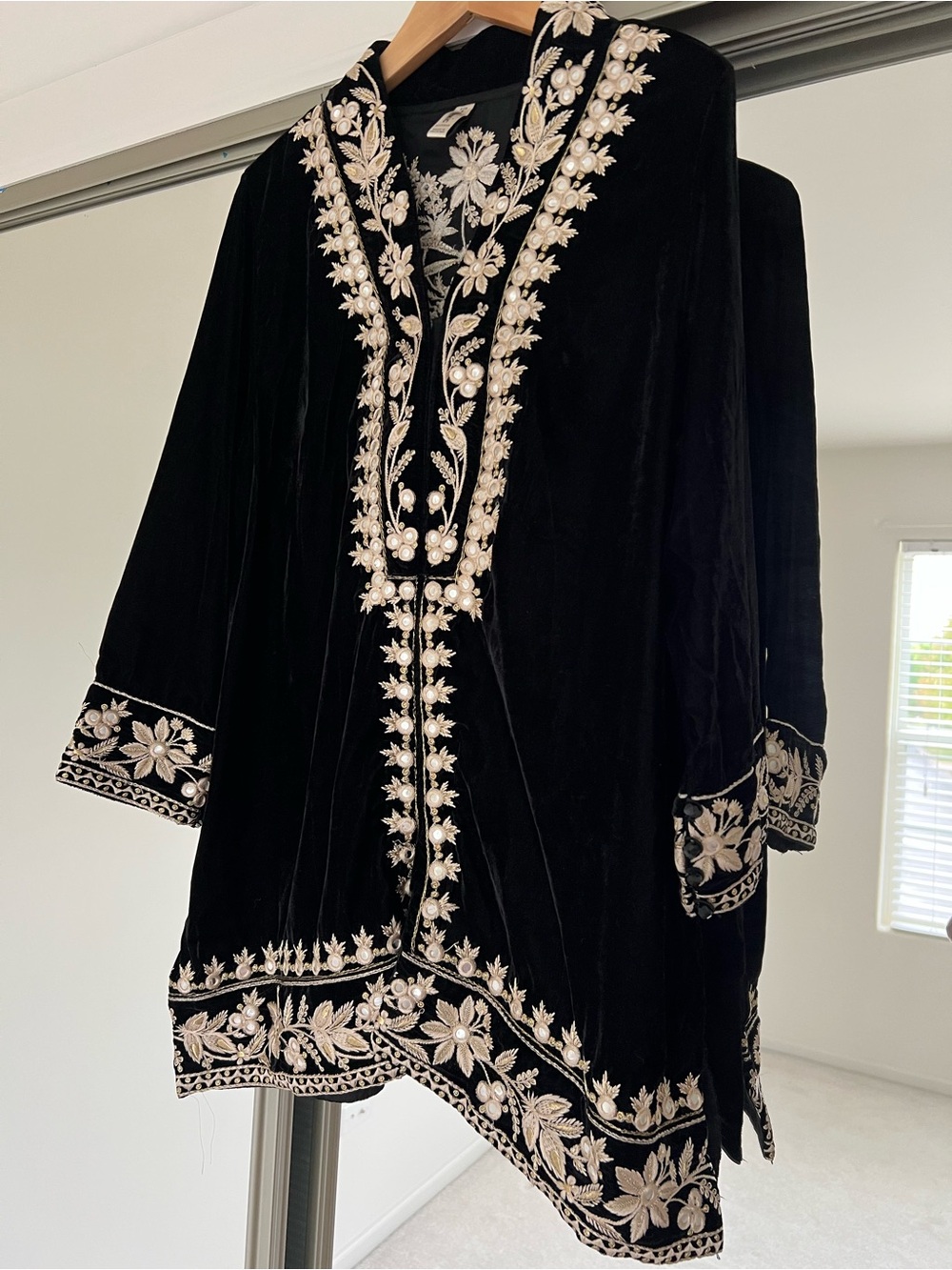 Gorgeous Black Velvet Top with Ivory Floral Accents
